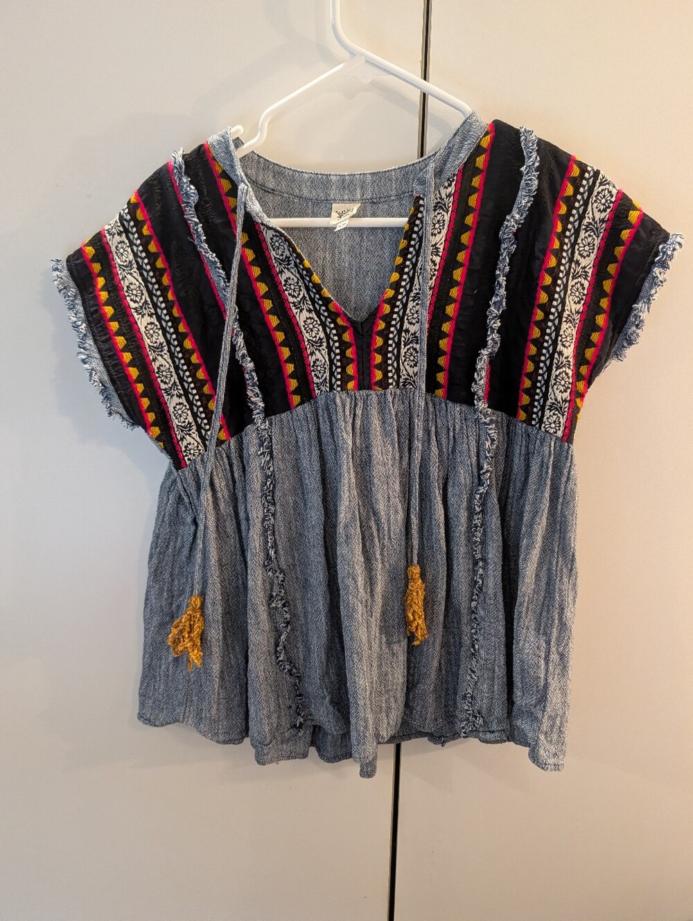 ivy jane Denim-Blue Boho Tunic with Pink, Yellow & Black Embroidered Yoke